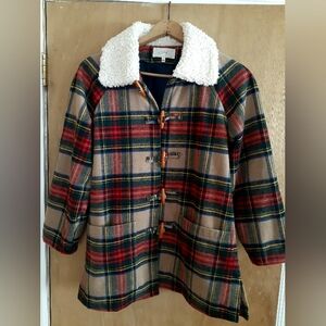 THE GREAT.Cabinmate Plaid Toggle Pea Coat in Red, Tan & Green with Sherpa Collar